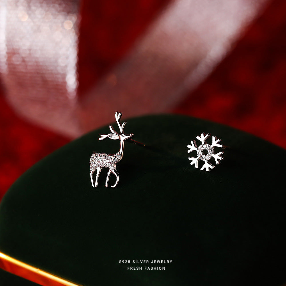 S925 Sterling Silver Snowflake and Reindeer Christmas Stud Earrings