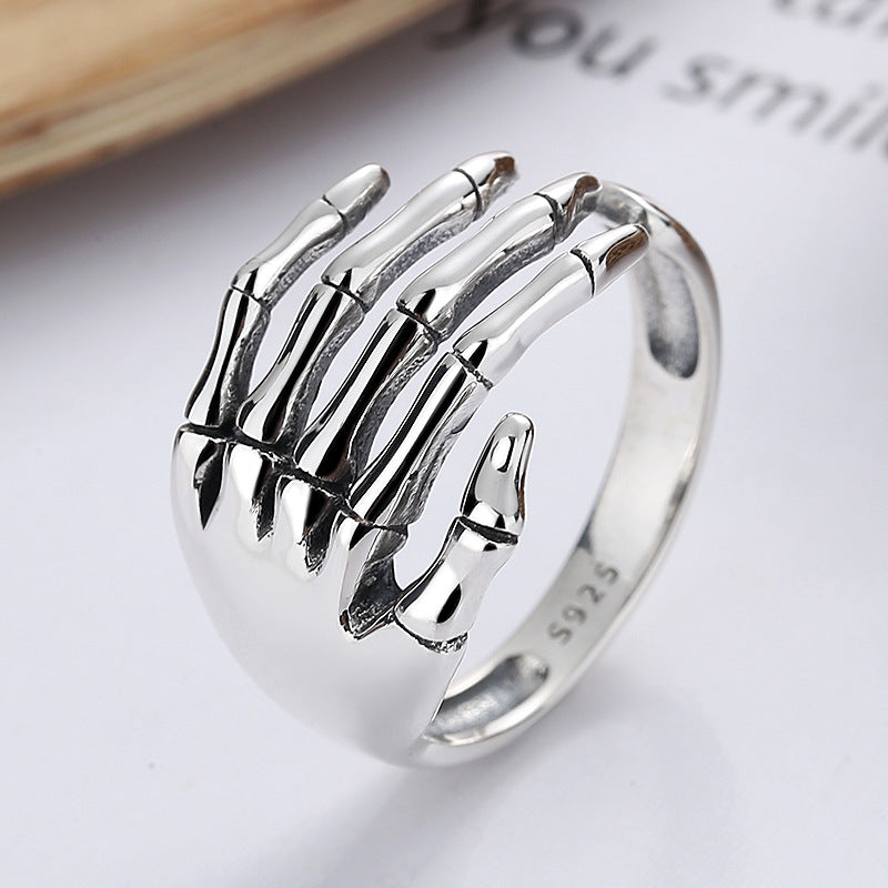 S925 Sterling Silver Halloween Skeleton Hand Open Ring