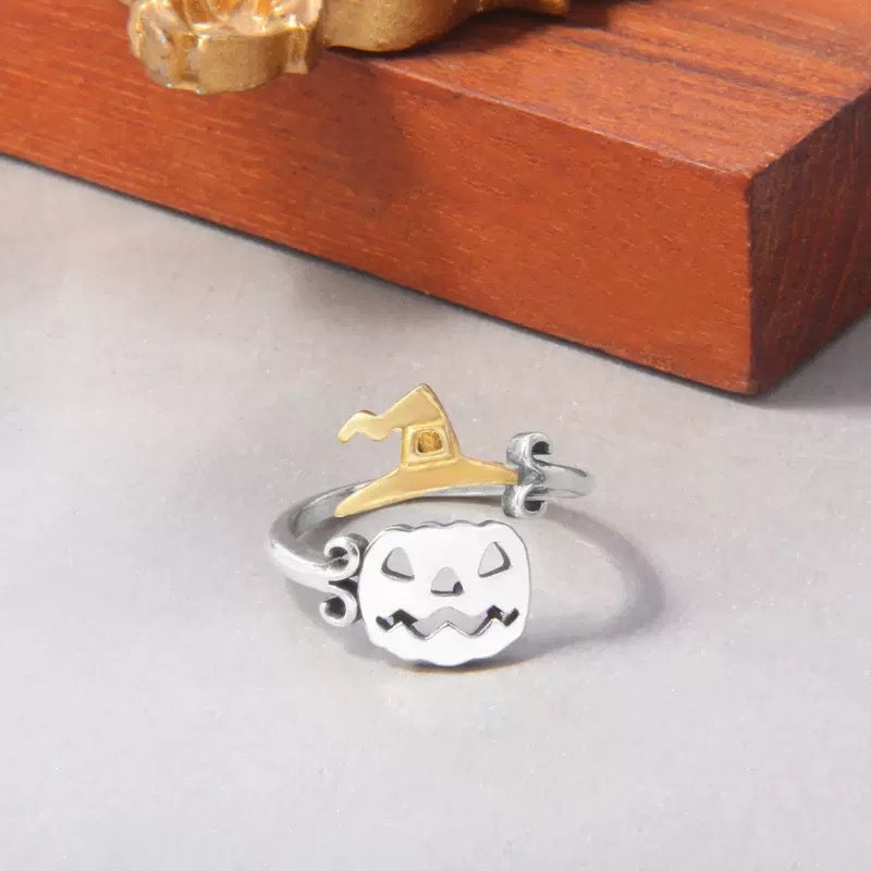 S925 Sterling Silver Halloween Pumpkin, Skull, and Broomstick Open Adjustable Ring