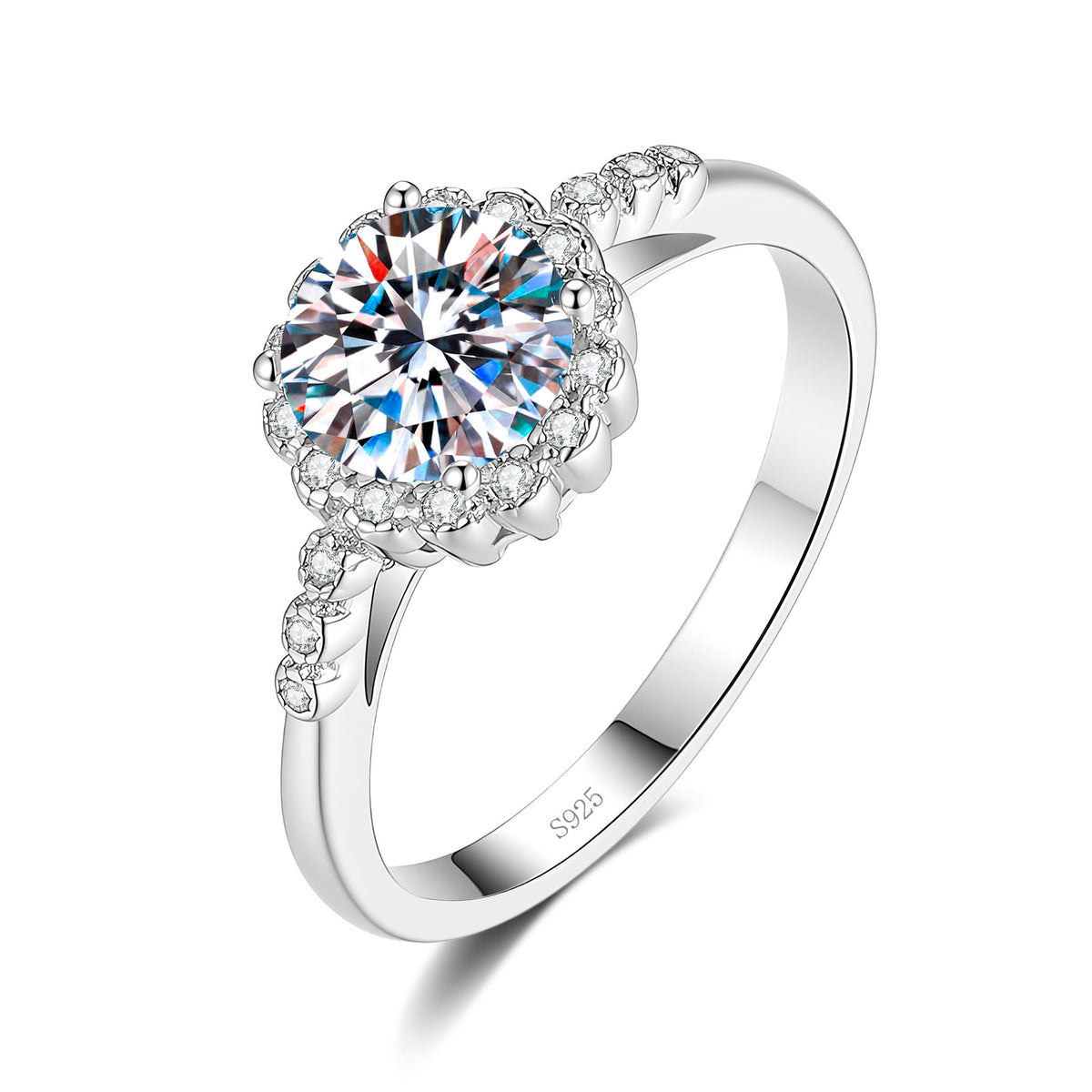 S925 Silver Flower Ring with Colored Moissanite