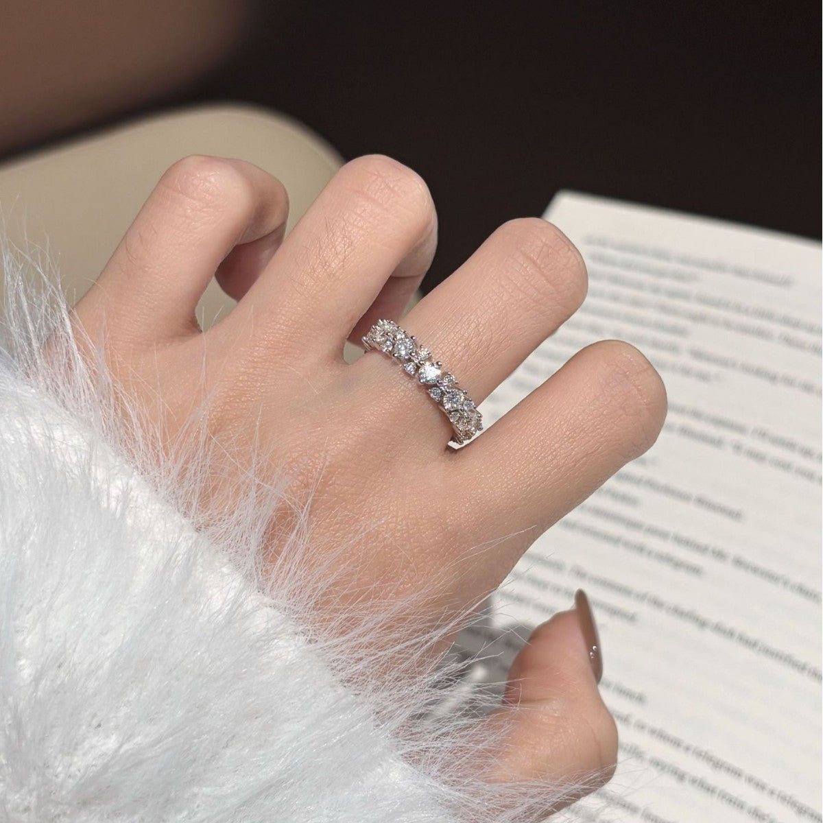 S925 Sterling Silver Moissanite Ring with Pavé-Set Stones