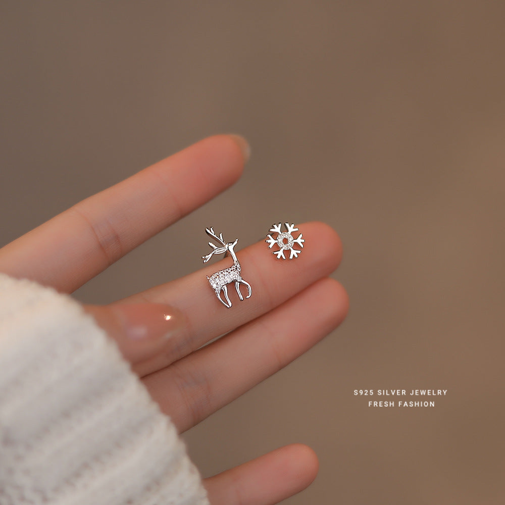 S925 Sterling Silver Snowflake and Reindeer Christmas Stud Earrings