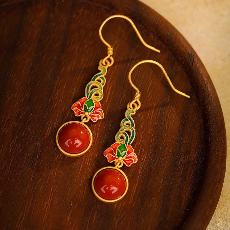 S925 Silver Round Agate Lotus Christmas Earrings