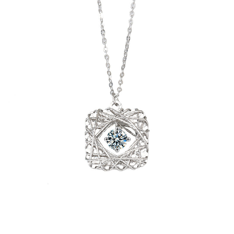 S925 Sterling Silver Moissanite Woven Dream net Square Pendant Necklace