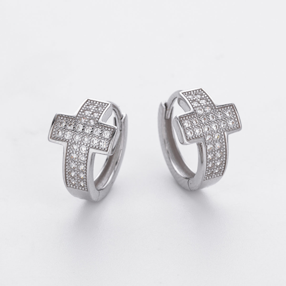 Pave CZ Cross Huggie Hoop Earrings in 925 Sterling Silver