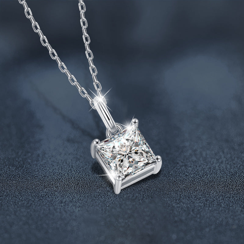 S925 Sterling Silver Moissanite Princess Square Simple Pendant Necklace