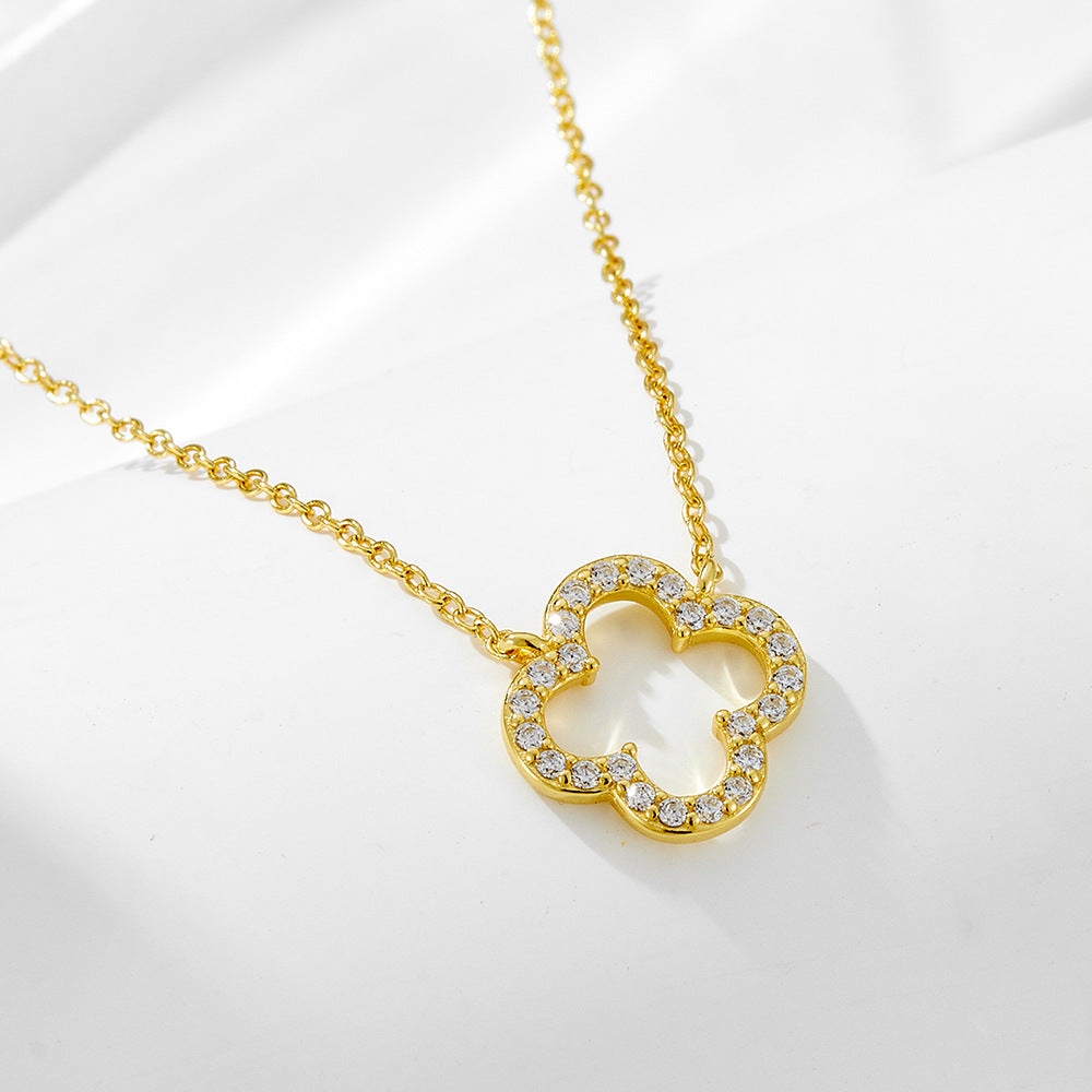 S925 Sterling Silver Hollow Zircon Inlaid Four Leaf Clover Necklace