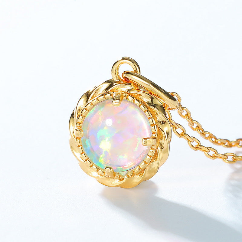 S925 Sterling Silver Gold-Plated Retro Opal Pendant Necklace