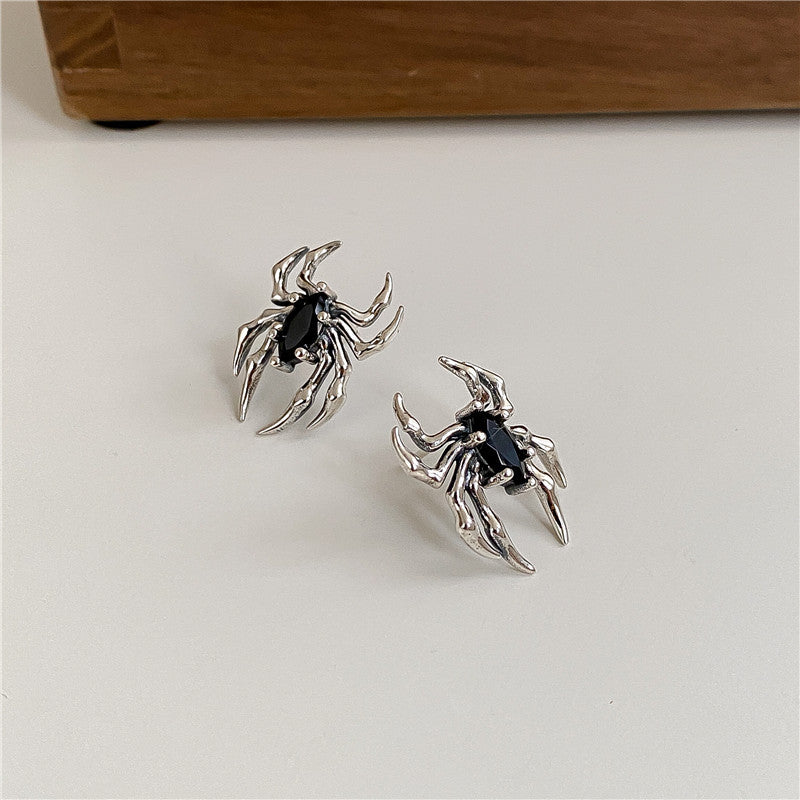 S925 Sterling Silver Distressed-Finish Spider Halloween Earrings