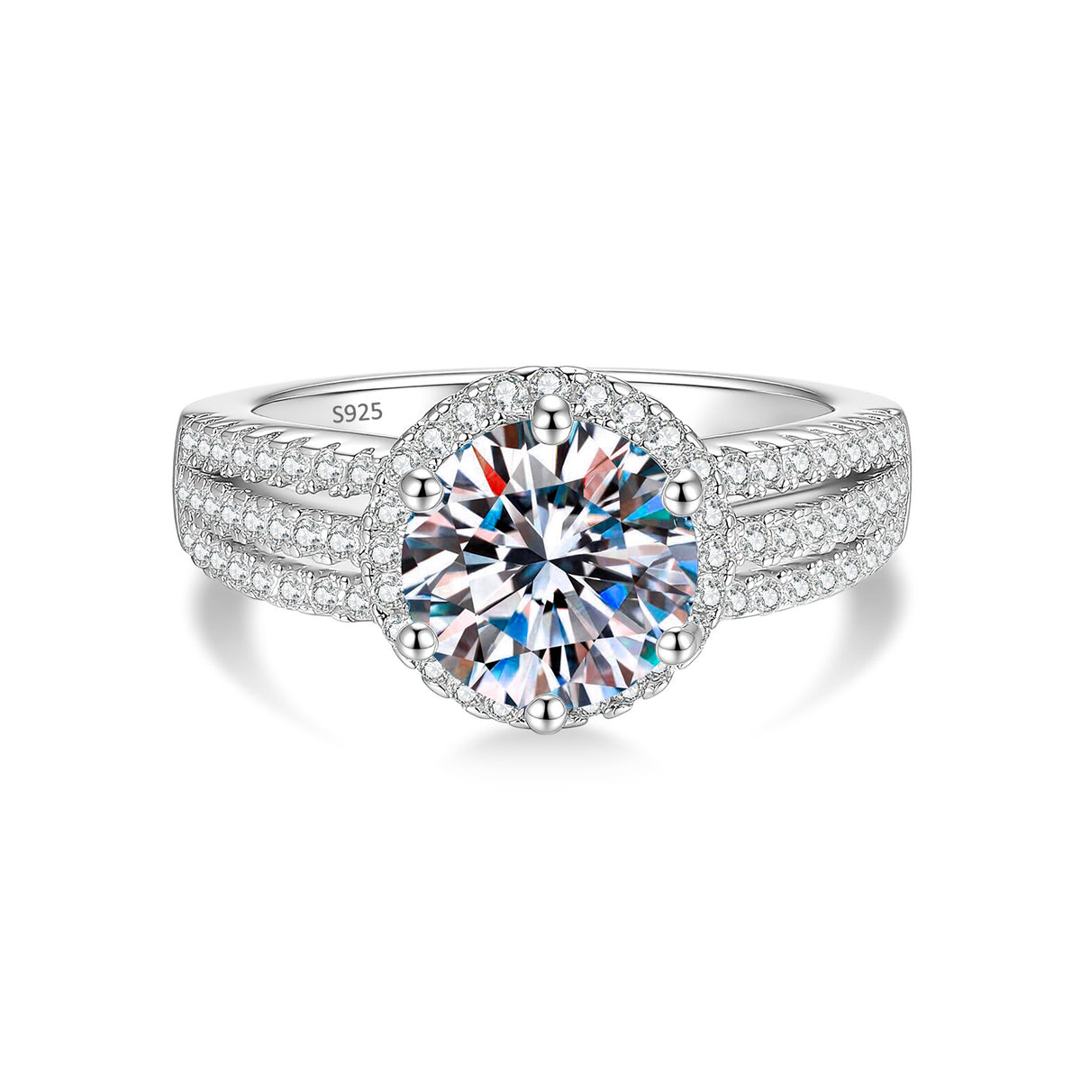 S925 Sterling Silver Six-Prong Moissanite Ring with Micro-Pave Setting