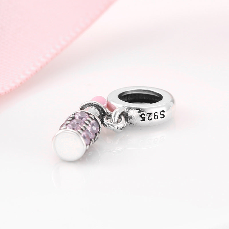 S925 Sterling Silver Inlaid Zircon Pink Lipstick Pendant