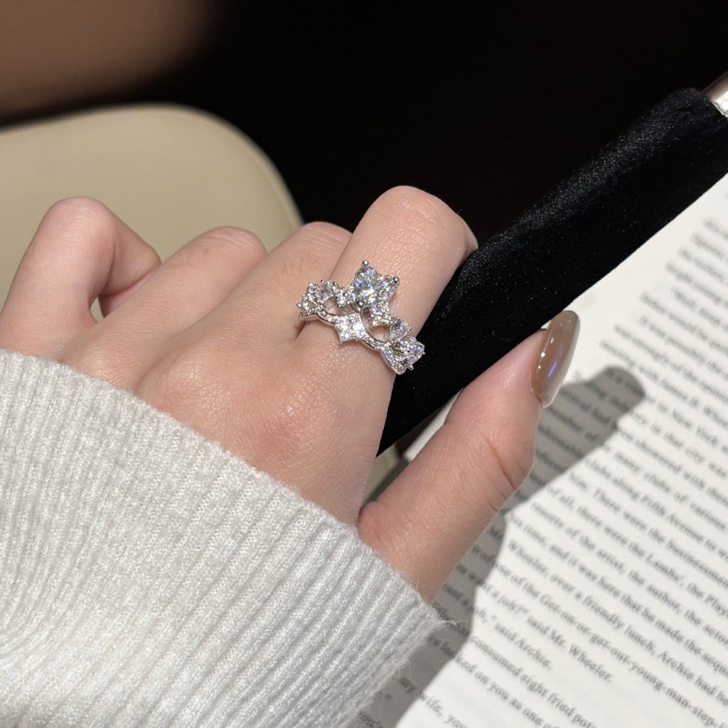 S925 Silver Heart and Crown Ring with Colorful Moissanite
