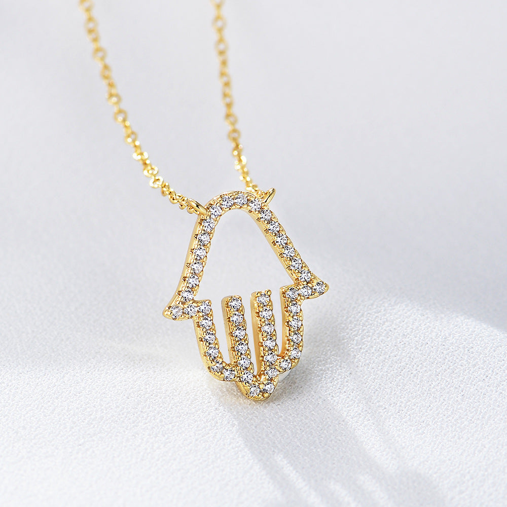 S925 Sterling Silver Micro Inlaid Zircon Hollow Palm Pendant Necklace