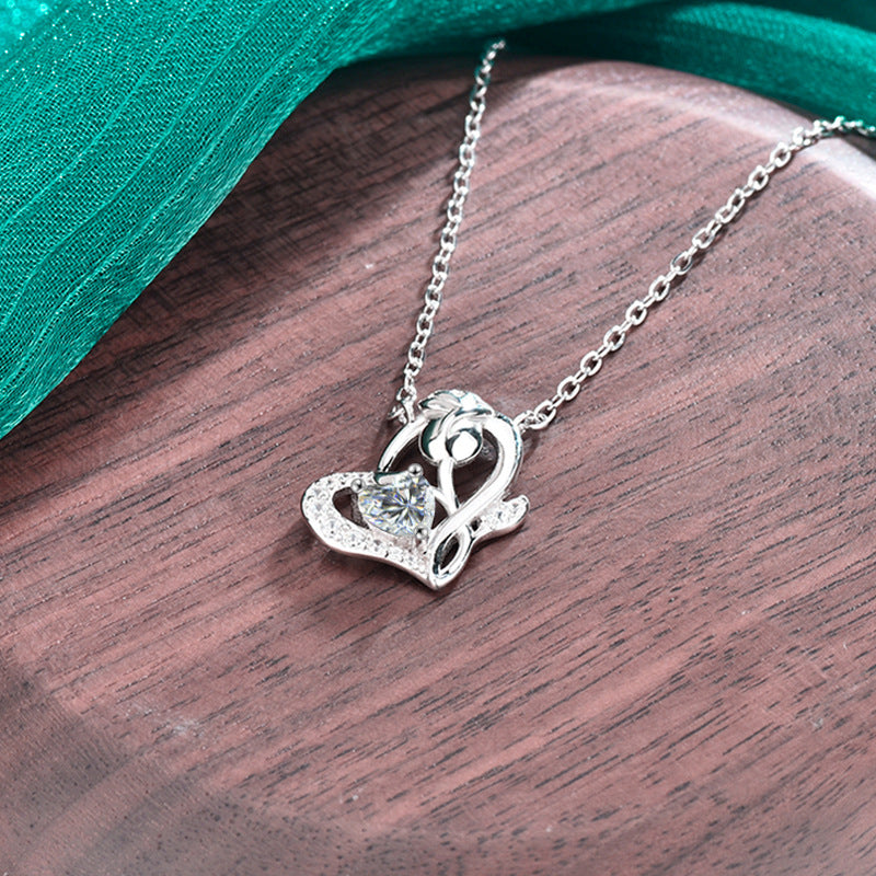 S925 Sterling Silver Rose Heart Moissanite Necklace