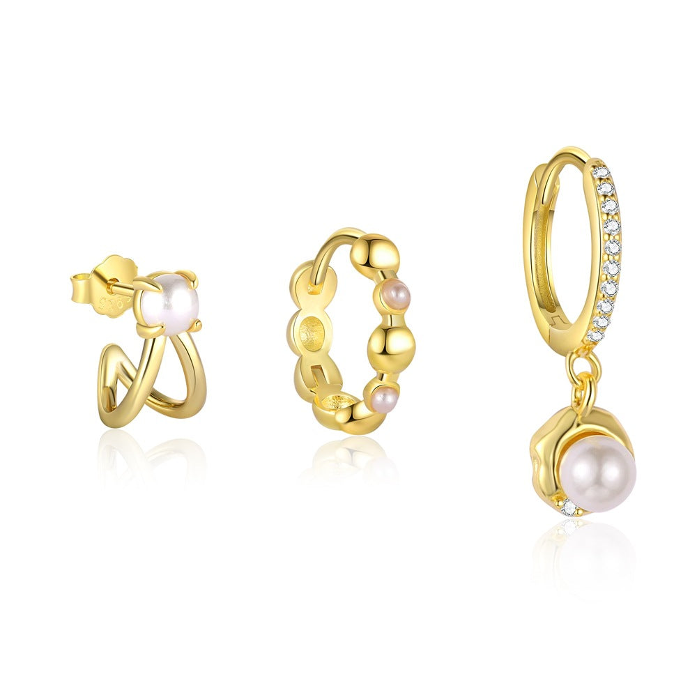 S925 Sterling Silver Geometric Zircon Earrings with Pearls