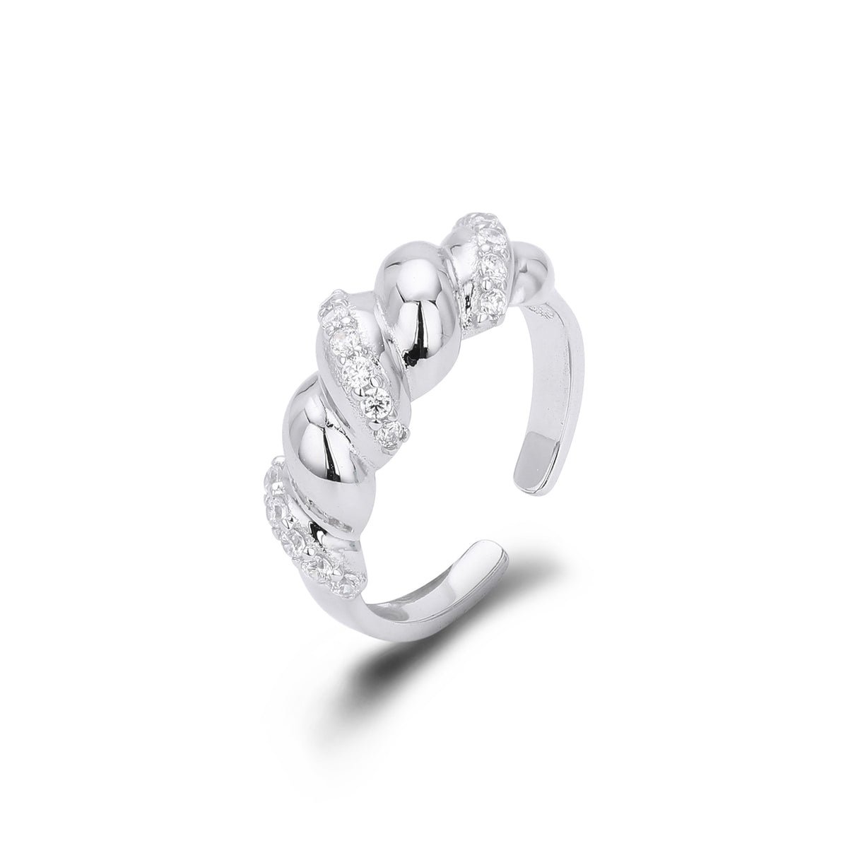 S925 Sterling Silver Ring with Zirconia Inlay, Croissant Braid Pattern