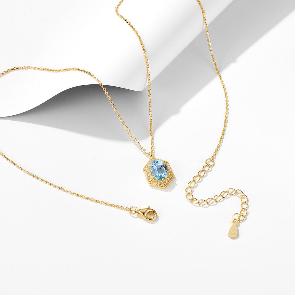S925 Sterling Silver Simple Geometric Retro Natural Sky Blue Topaz Necklace