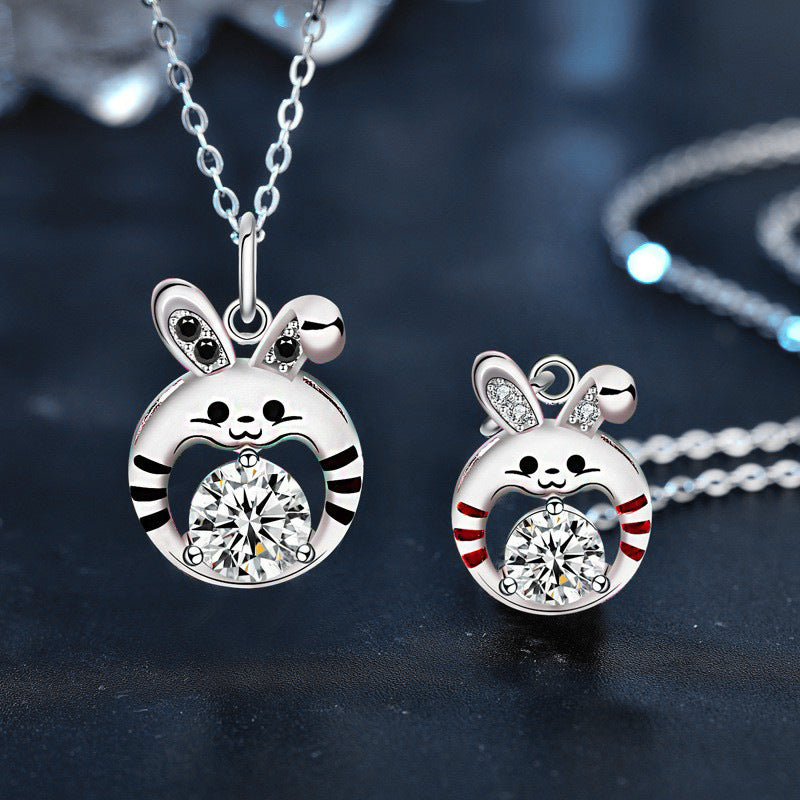 S925 Sterling Silver Moissanite Chinese Zodiac Sign of Rabbit Couple Pendant Necklace