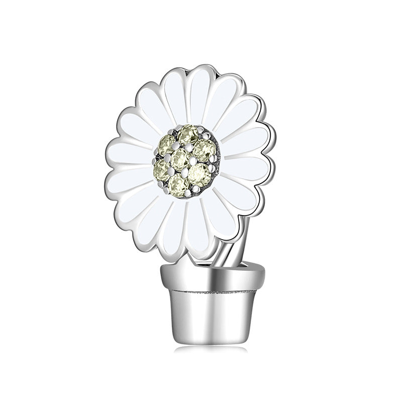 S925 Sterling Silver Creative White Sunflower Potted Beaded Zircon Pendant