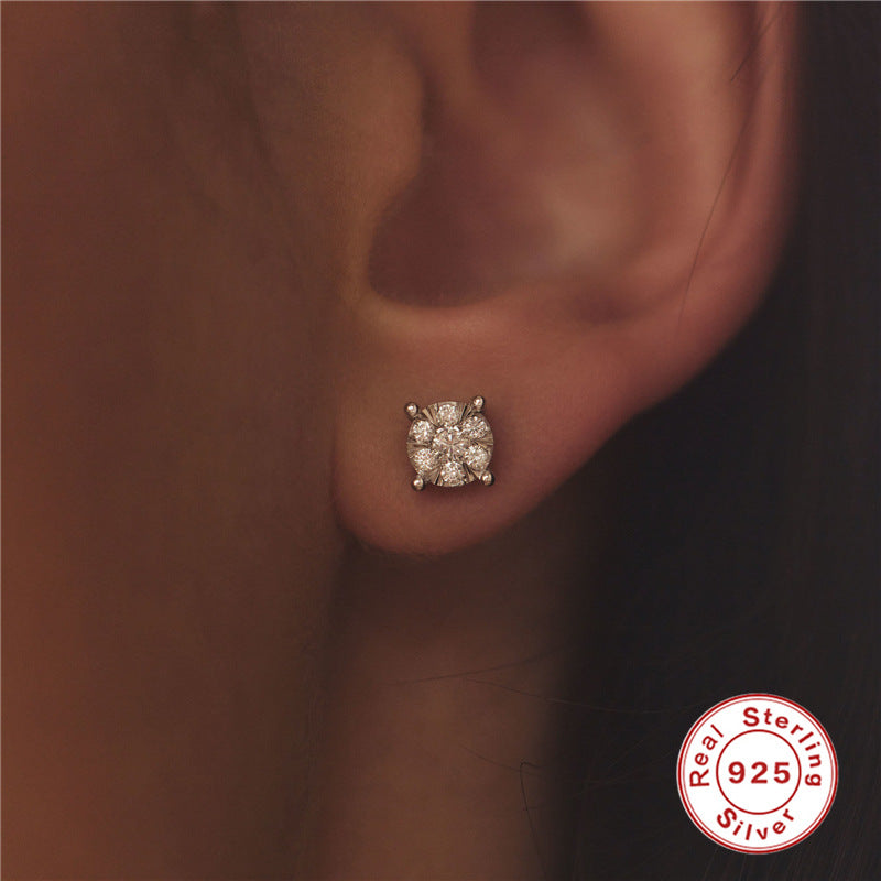 S925 sterling silver geometric square zircon earrings