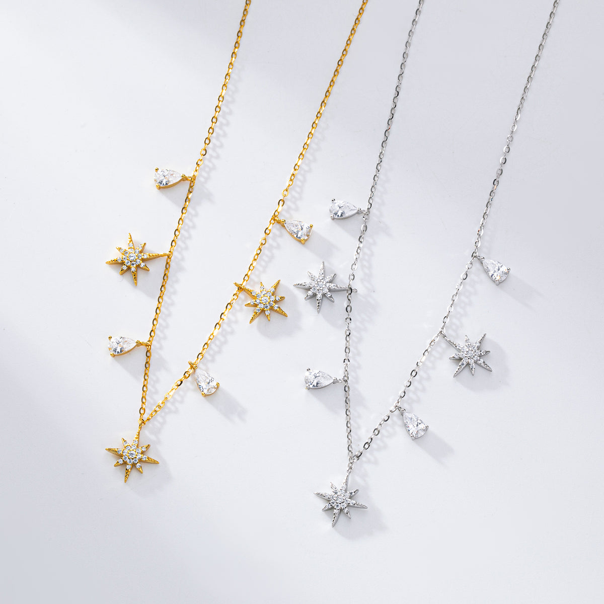 CZ Starburst Pear Drop Necklace in 925 Sterling Silver