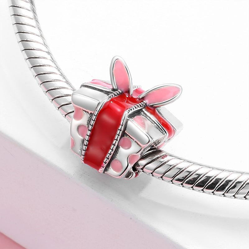 S925 Sterling Silver Christmas Rabbit Ear Gift Box Beaded Pendant