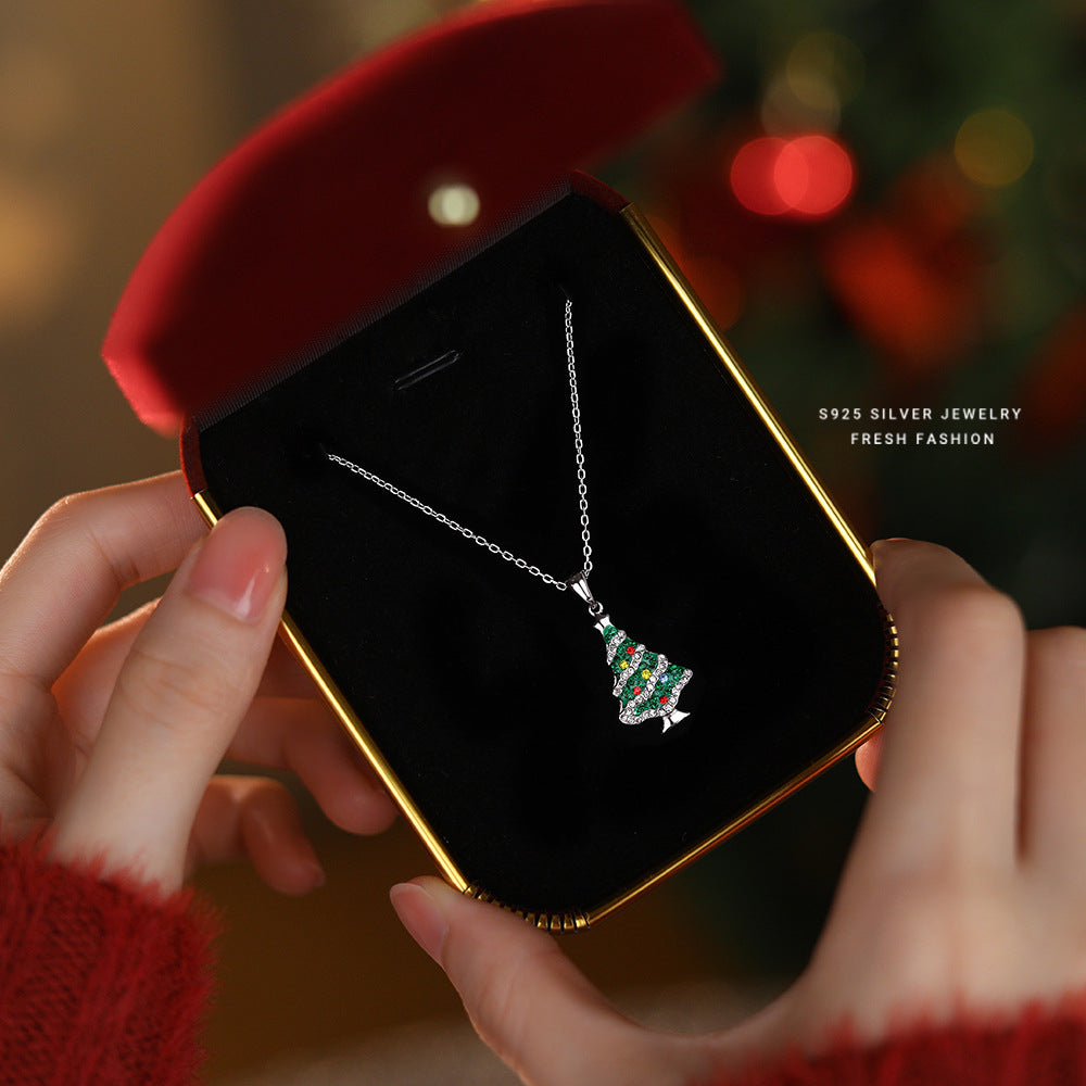 S925 Sterling Silver Christmas Tree Necklace with Colorful Zirconia