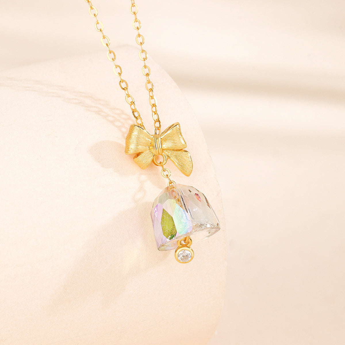 S925 Sterling Silver Brushed-Finish Christmas Bow and Bell Necklace