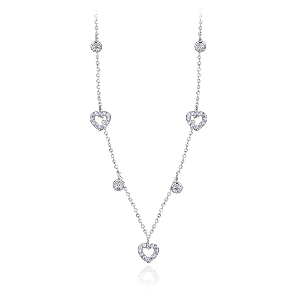 Pave CZ Heart Station Necklace in 925 Sterling Silver