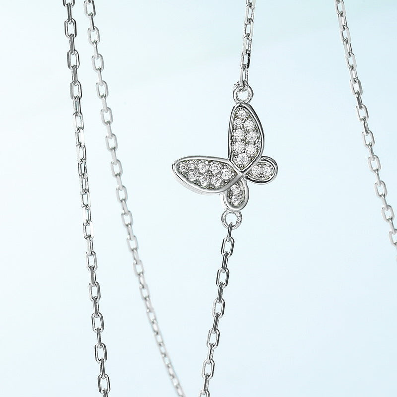 S925 Sterling Silver Blue Openwork Enamel Butterfly Pendant Zircon Necklace