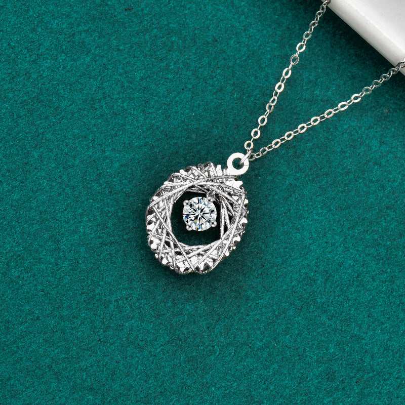 S925 Sterling Silver Woven Dream Net Egg-Shaped Pendant Necklace