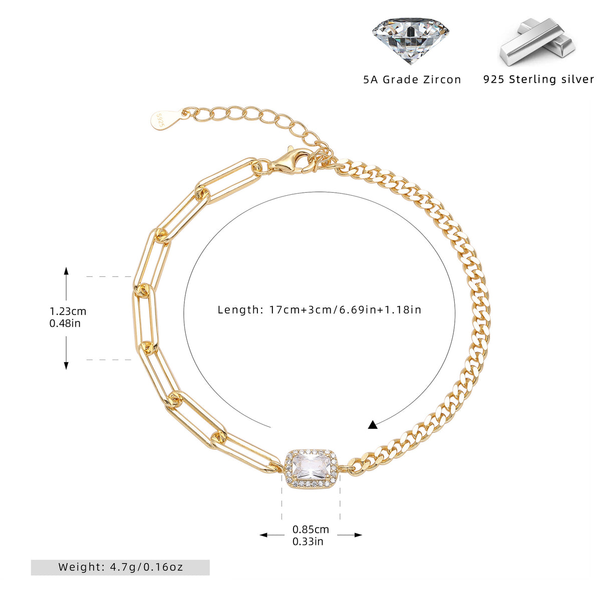 S925 Sterling Silver Square Cubic Zirconia Bracelet