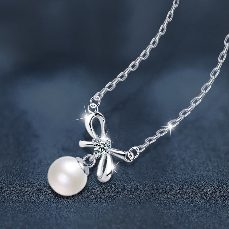 S925 Sterling Silver Moissanite Bowknot Pearl Necklace