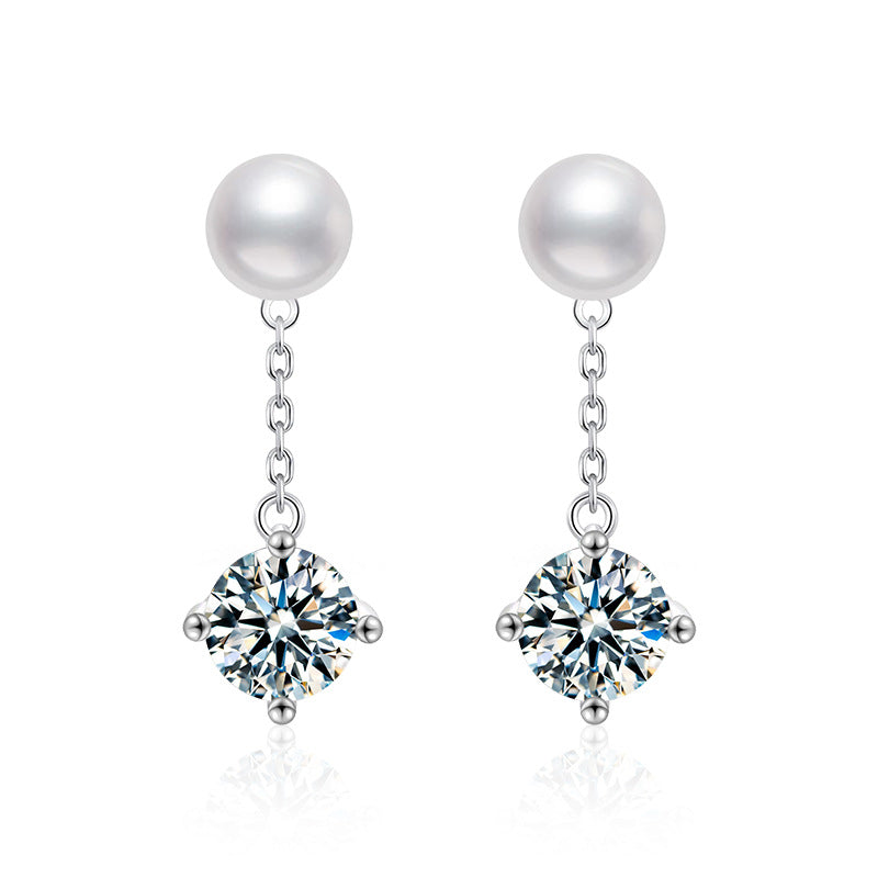 925 Sterling Silver Classic Four-Prong Moissanite and Natural Freshwater Pearl Stud Earrings