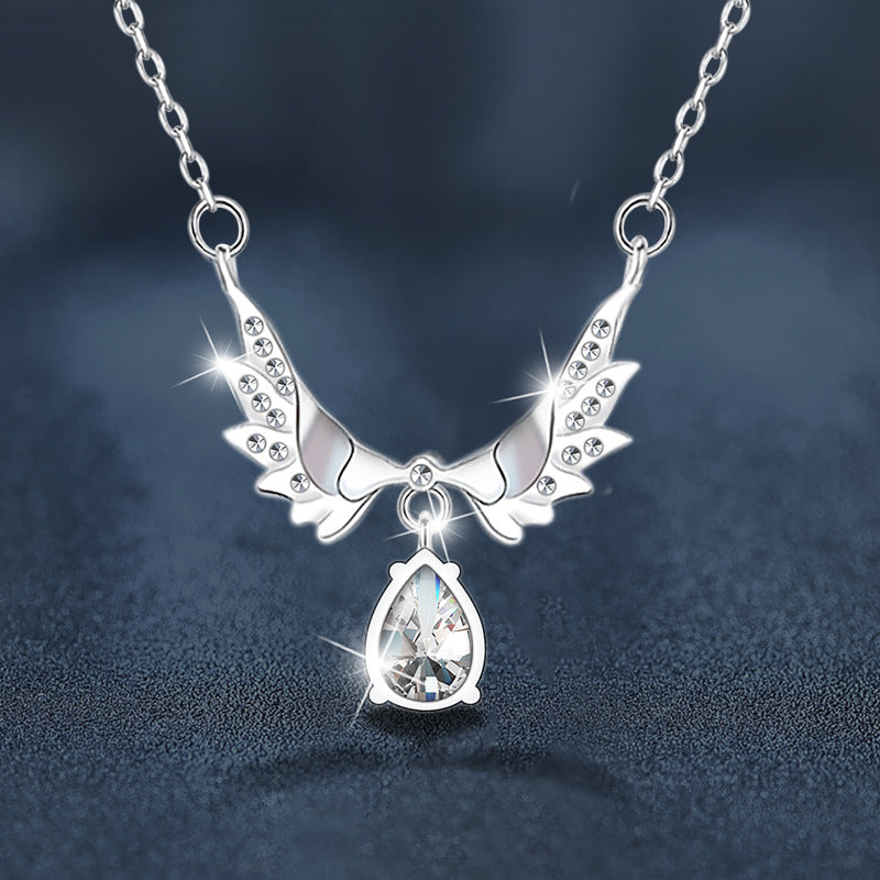 S925 Sterling Silver Angel Wings Moissanite Pendant Necklace
