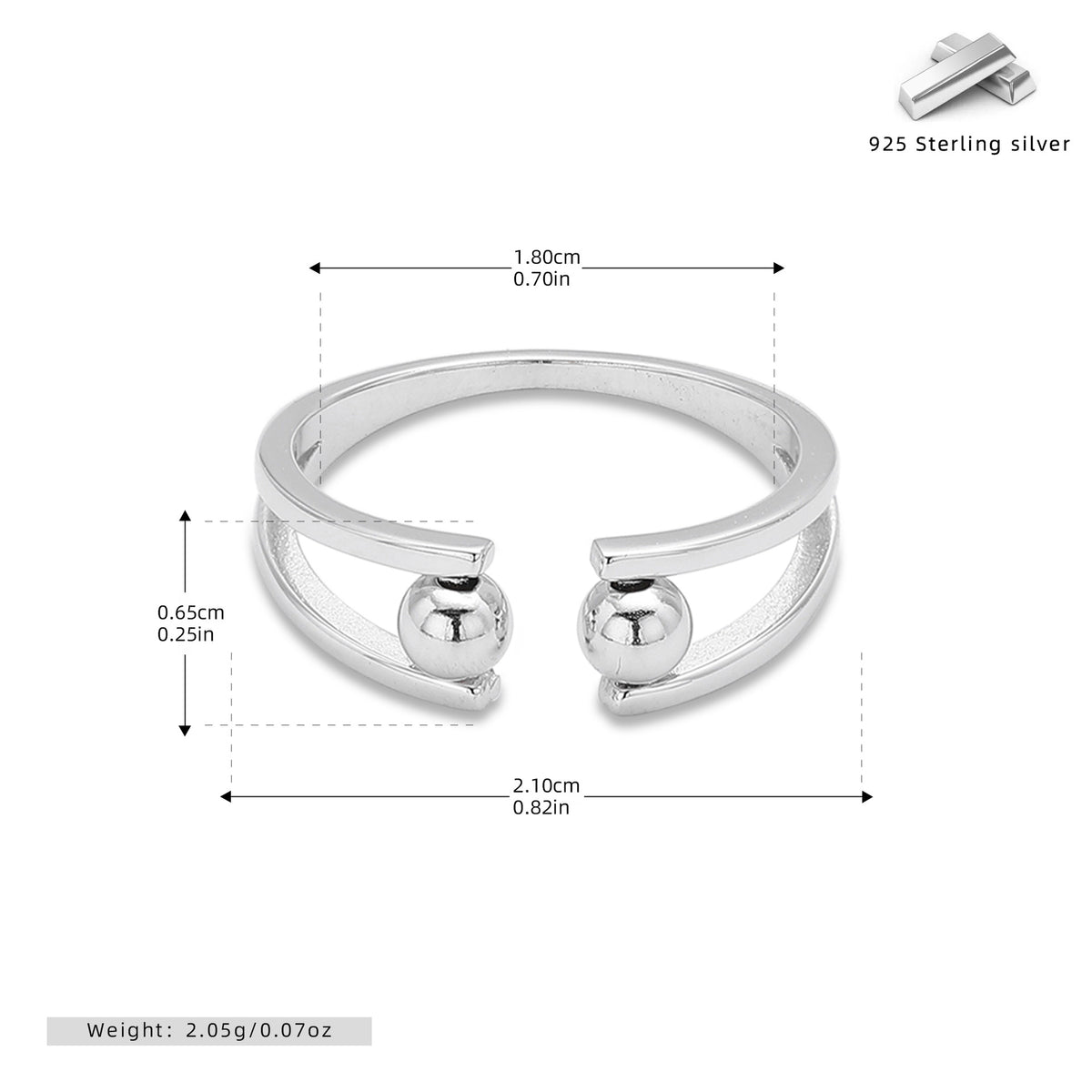 European and American S925 sterling silver double-layered beaded ring with adjustable opening