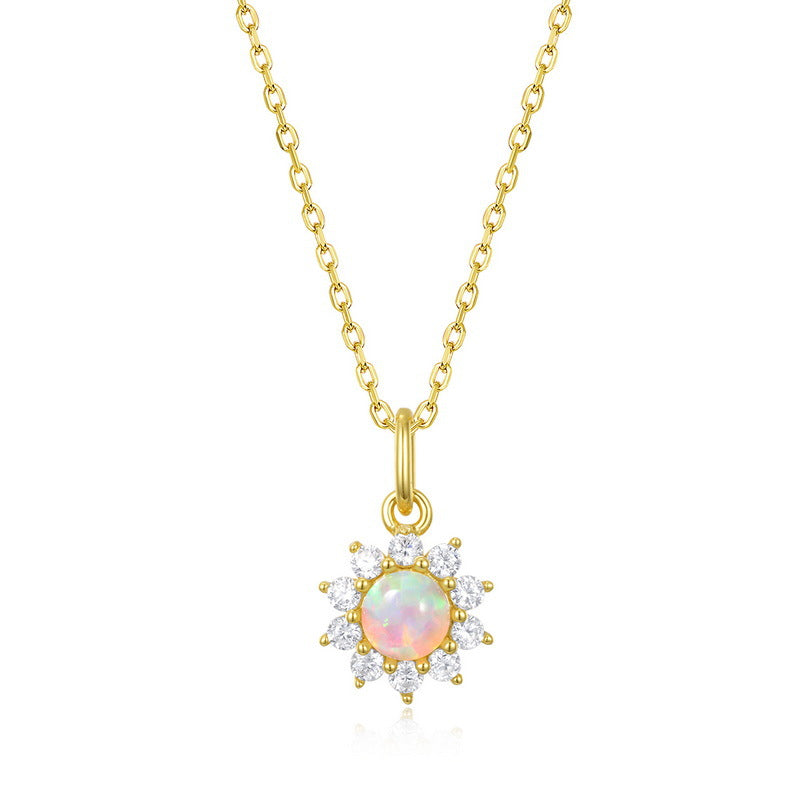 S925 Sterling Silver Sun Zircon Necklace Inlaid with Opal