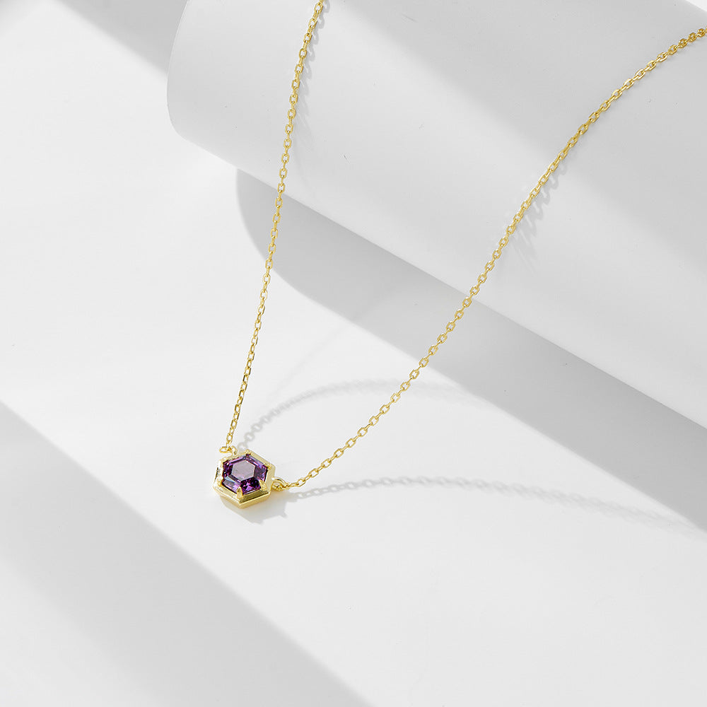 S925 Sterling Silver Hexagonal Amethyst Zircon Pendant Necklace