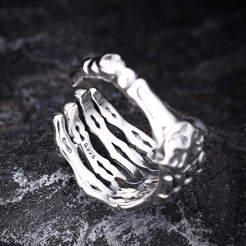 S925 Sterling Silver Halloween Skull Claw Open Ring