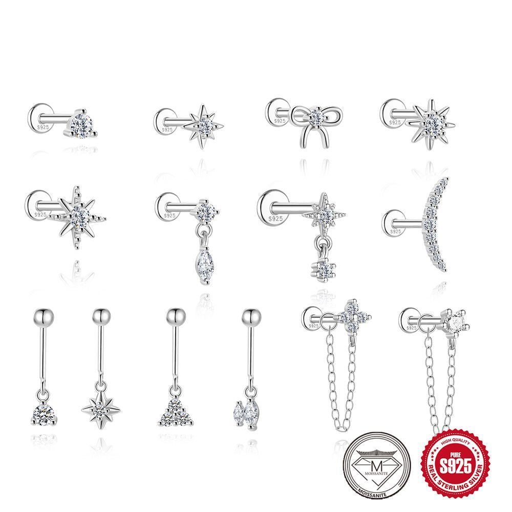 S925 Sterling Silver Bow Moissanite Flat-Back Threaded Cartilage Stud