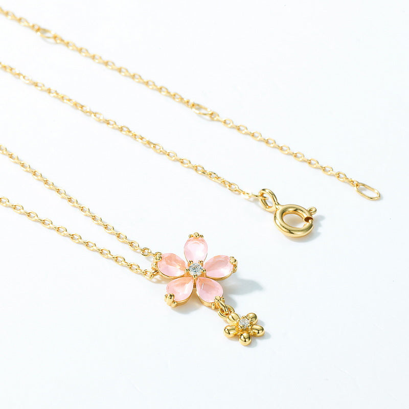 S925 Sterling Silver Plating 10K Gold Pink Little Flower Pendant Necklace 