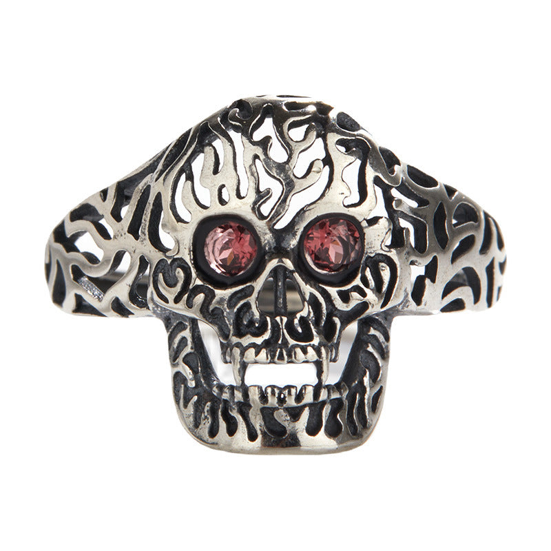S925 Sterling Silver Halloween Garnet Skull Open Ring