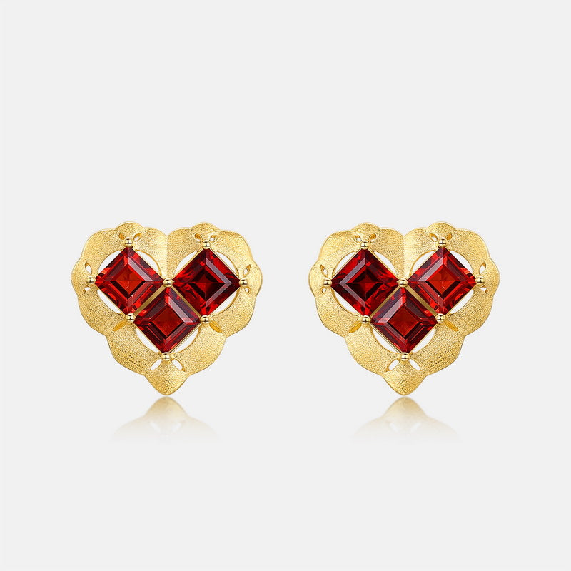 S925 Sterling Silver Gold-Plated Garnet Heart Earrings