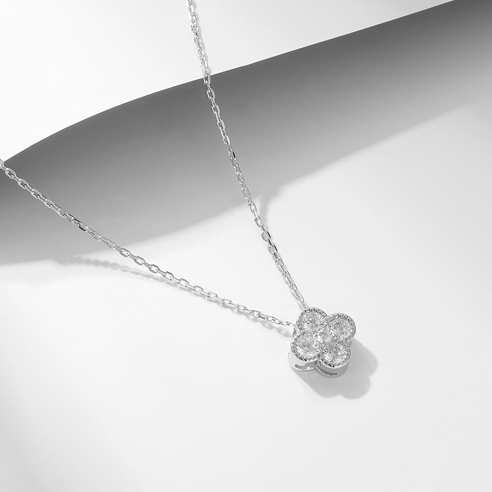 S925 Sterling Silver Zircon Inlaid Four Leaf Clover Necklace