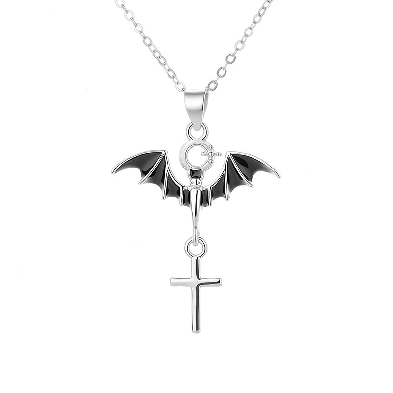 S925 Sterling Silver Halloween Bat Cross Necklace