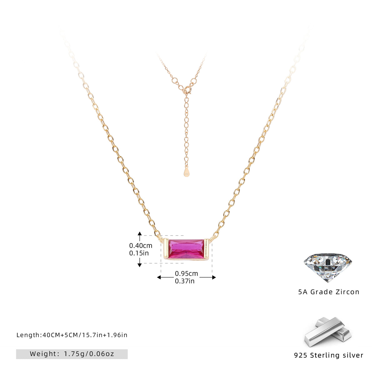 Rectangular colored zircon s925 sterling silver December birthstone collar necklace