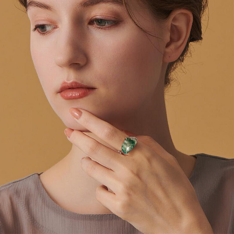 S925 Sterling Silver Geometric Moss Agate Ring