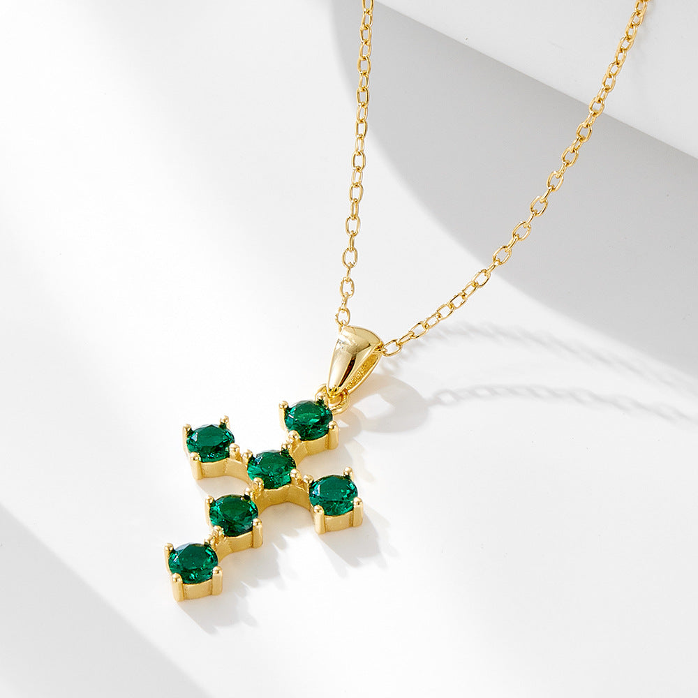 S925 Sterling Silver Retro Emerald Zircon Cross Pendant Necklace
