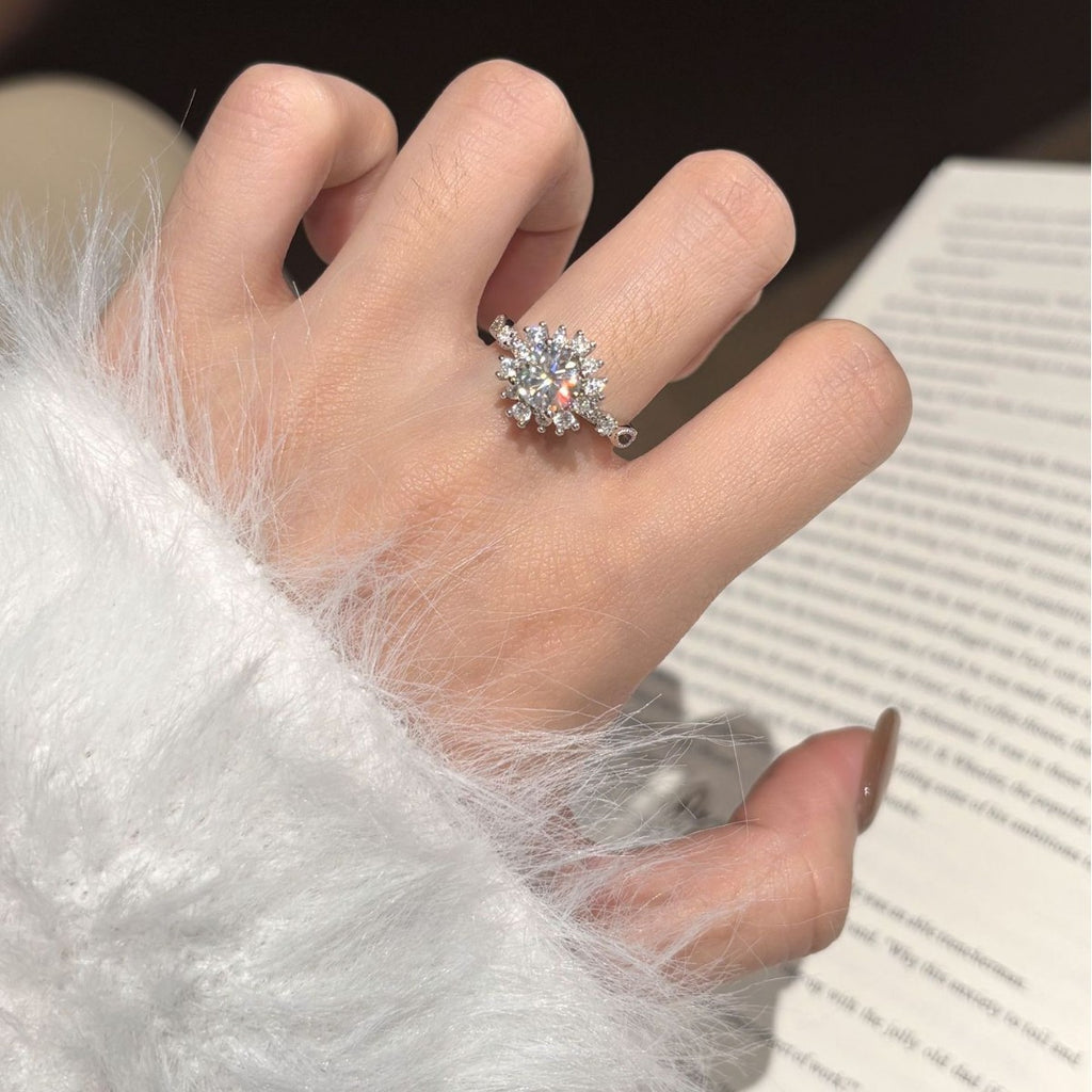S925 Silver Flower Ring with Colorful Moissanite