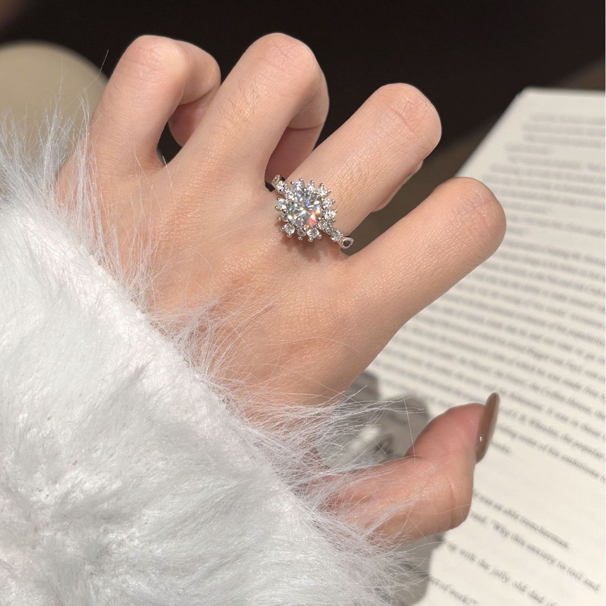 S925 Silver Flower Ring with Colorful Moissanite